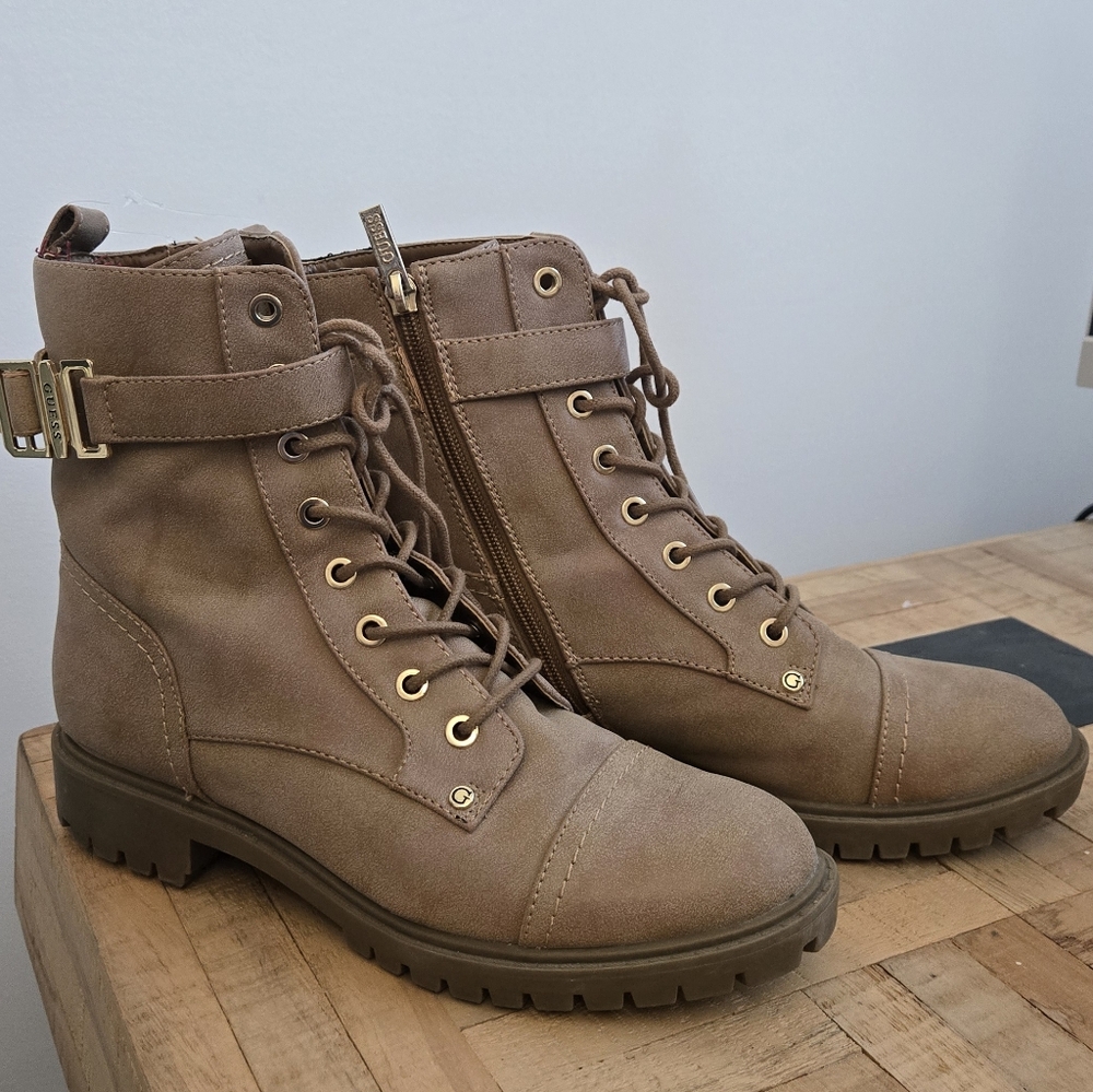 NEW Guess Tan Combat Boots with Gold Accents